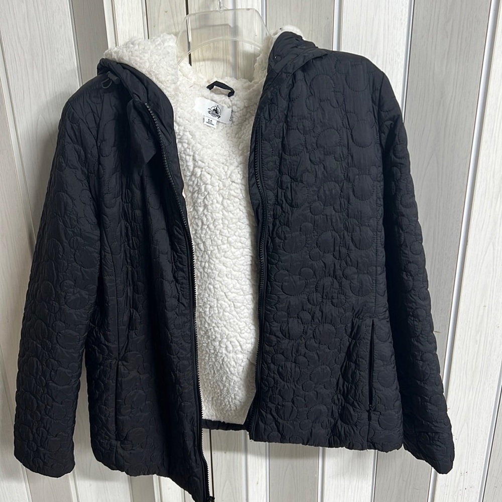 Disney Parks Embossed Mickey Mouse Icon Sherpa Mickey Ears Black Quilted Jacket